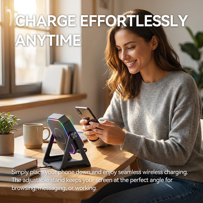 🌈 RGB Wireless Charging Stand – Futuristic Design with Smart Safety Protection for Phones