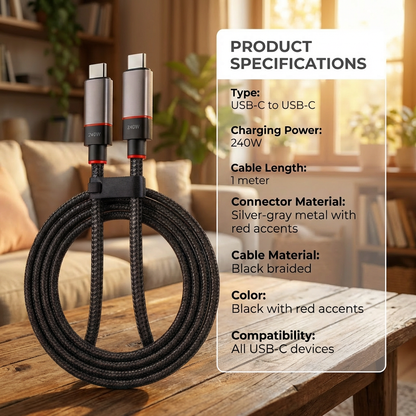 ⚡ USB-C 240W Fast Charge Cable – Braided Durable Cable with 10Gbps Data Transfer
