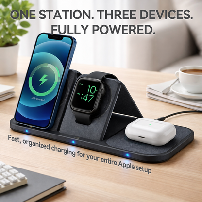 ⚡ 3-in-1 Magnetic Wireless Charging Station – 15W Fast Foldable Charger for iPhone, Apple Watch & AirPods