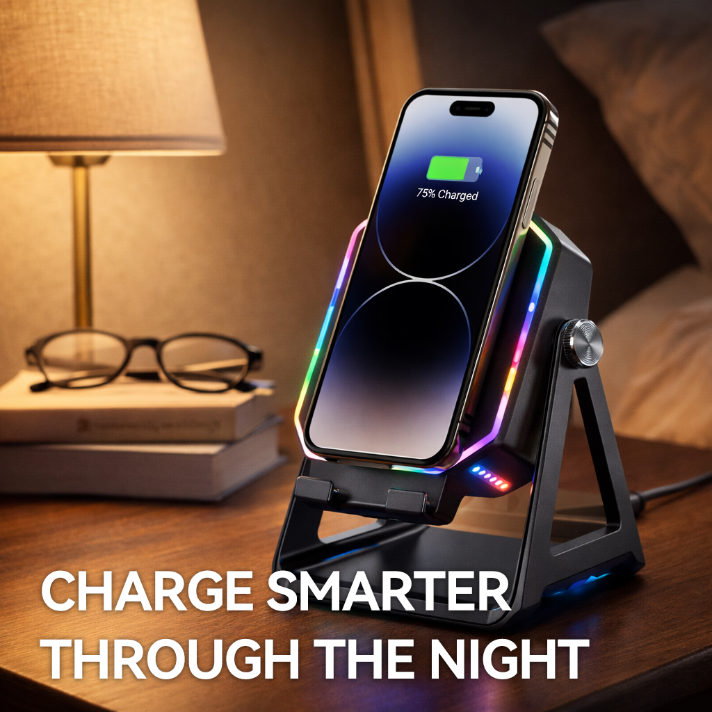 🌈 RGB Wireless Charging Stand – Futuristic Design with Smart Safety Protection for Phones