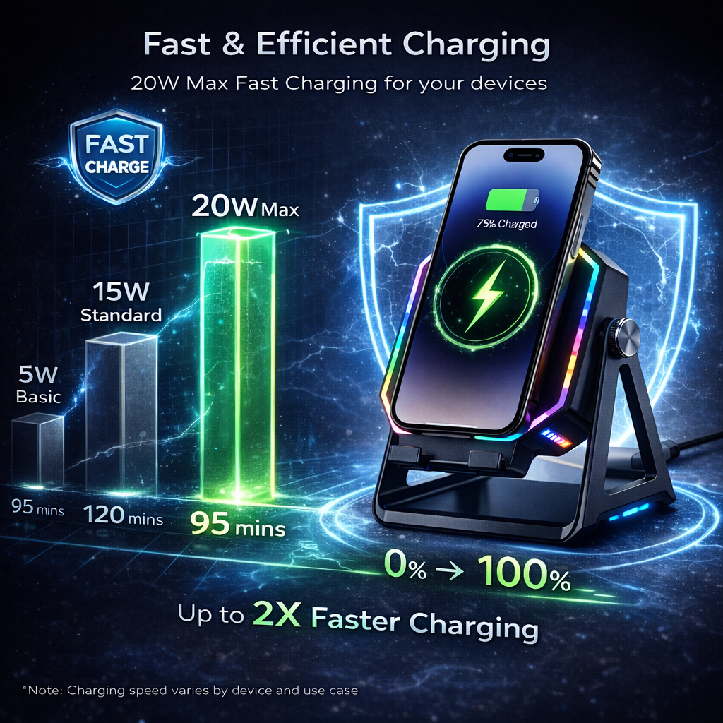 🌈 RGB Wireless Charging Stand – Futuristic Design with Smart Safety Protection for Phones