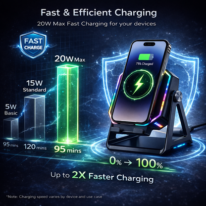 🌈 RGB Wireless Charging Stand – Futuristic Design with Smart Safety Protection for Phones