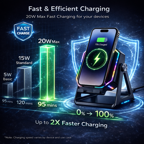 🌈 RGB Wireless Charging Stand – Futuristic Design with Smart Safety Protection for Phones