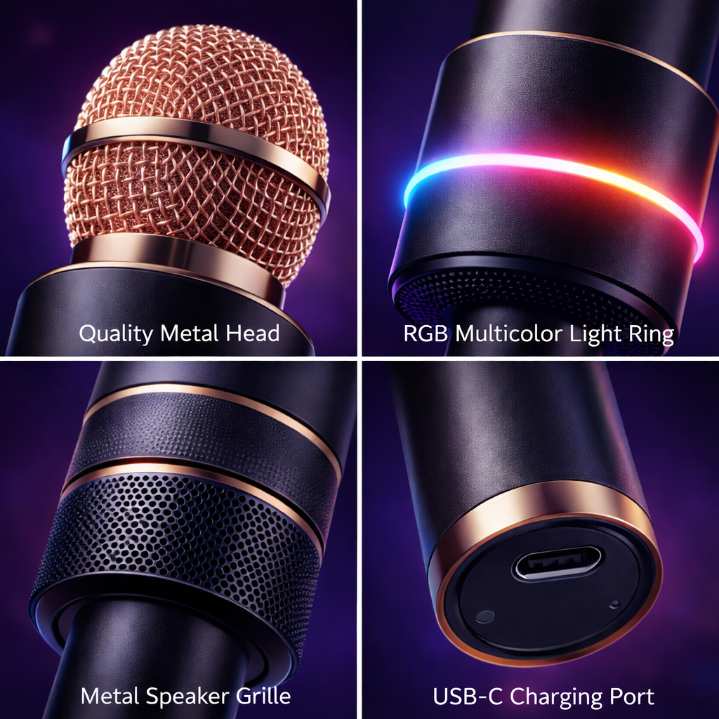 🎤 RGB Karaoke Microphone – Wireless Bluetooth Singing Mic with Colorful LED Lights & Built-in Speaker