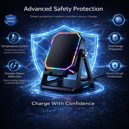 🌈 RGB Wireless Charging Stand – Futuristic Design with Smart Safety Protection for Phones