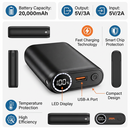 🔋 20,000mAh Smart Power Bank with LED Battery Display – Fast-Charging Portable Charger
